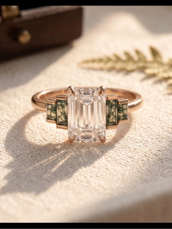 Jewelry - Emerald Cut Moss Agate Lab Created Moissanite Engagement Ring